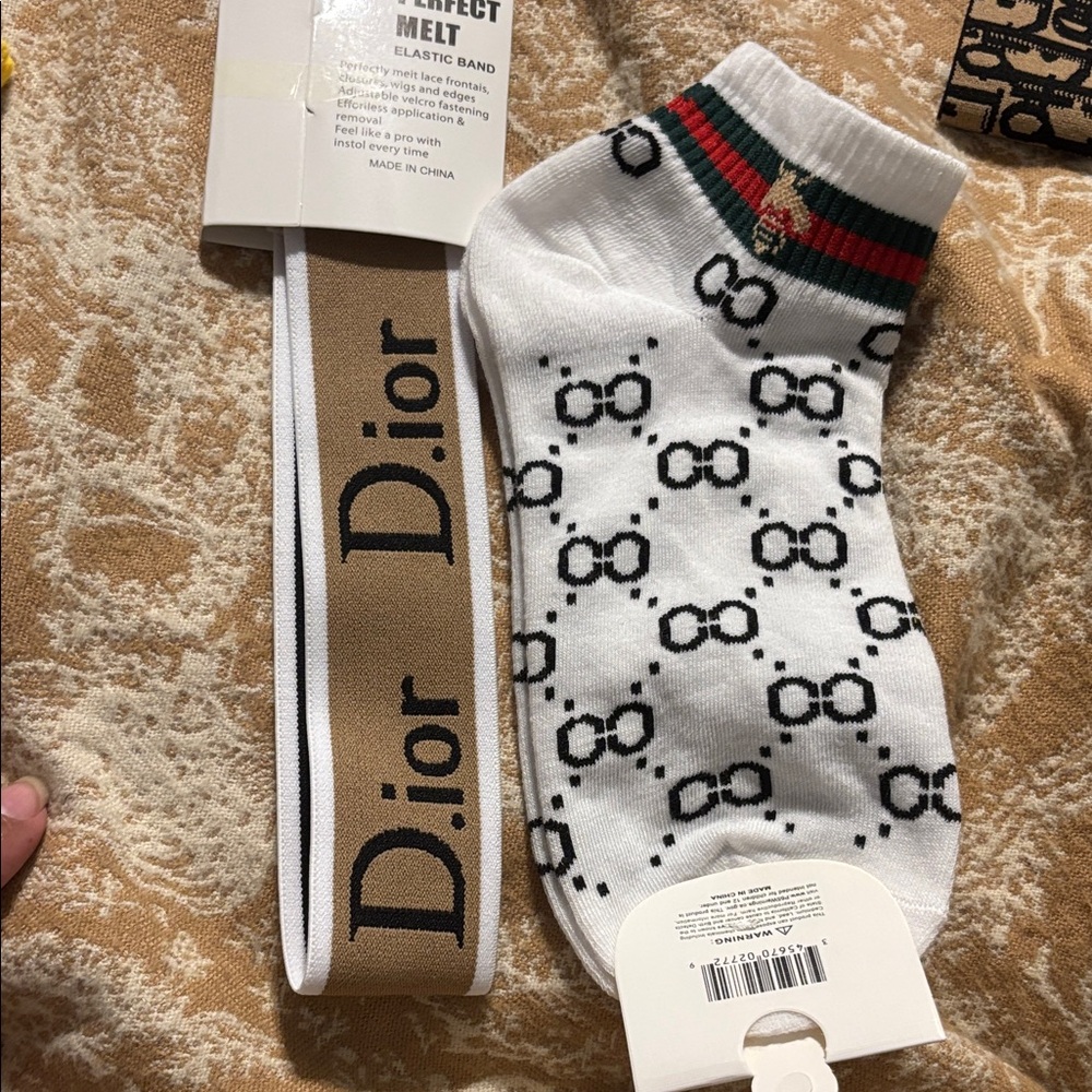 Women's White Socks with Black Pattern and Green-Red Accent